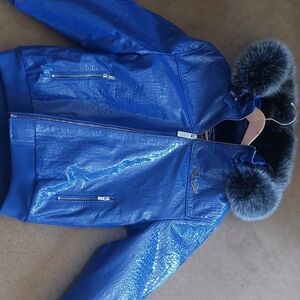 Blue Genuine  Leather Jacket with Fur Trim